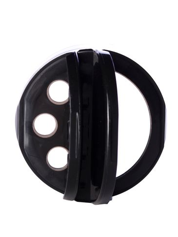 Black PP plastic 53-485 smooth skirt 3-hole flip top sifter spice cap with heat induction seal (HIS) liner (.300 inch orifice)