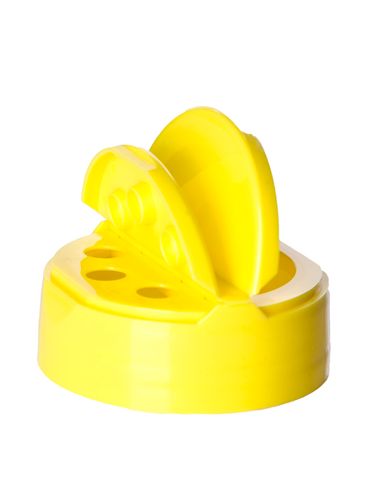 Yellow PP plastic 53-485 smooth skirt 3-hole flip top sifter spice cap with heat induction seal (HIS) liner (.300 inch orifice)