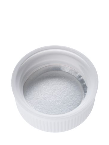 White PP plastic 33-400 child-resistant lid with printed universal heat induction seal (HIS) liner