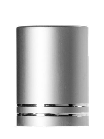 Matte silver metal overshell with shiny silver stripes and plastic smooth skirt screw cap for glass roll on bottle (test for product compatibility)