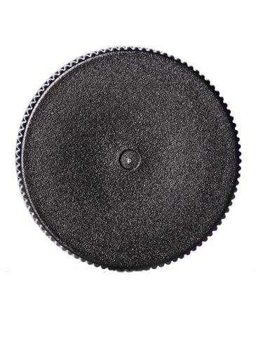 Black PP plastic 24-400 ribbed skirt lid with foam liner and universal heat induction seal (HIS) liners