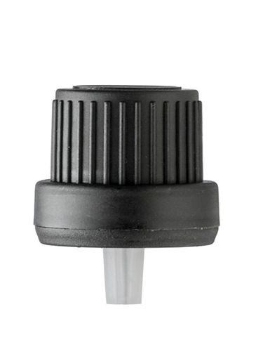 Black PP 18 mm tamper-evident dropper cap with PE inverted dropper tip (1.2 mm orifice)