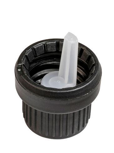 Black PP 18 mm tamper-evident dropper cap with PE inverted dropper tip (1.2 mm orifice)