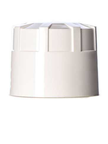 White PP plastic 38-430 buttress cap with unprinted pressure sensitive (PS) liner