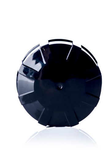 Black PP plastic 38-430 buttress cap with printed pressure sensitive (PS) liner