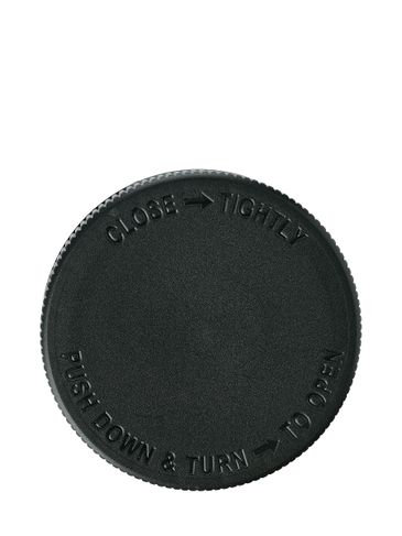 Black PP plastic 70-400 child-resistant text-embossed lid with unprinted universal heat induction seal (HIS) liner
