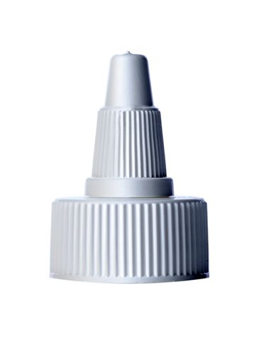 White HDPE plastic 24-400 ribbed skirt unlined twist-open dispensing lid with white LDPE plastic tip (.115 inch orifice)