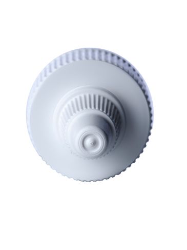 White HDPE plastic 24-400 ribbed skirt unlined twist-open dispensing lid with white LDPE plastic tip (.115 inch orifice)