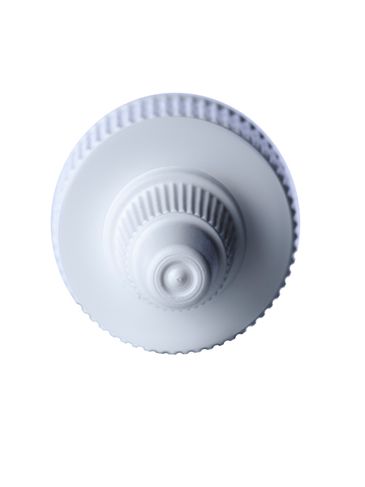 White HDPE/LDPE plastic 24-400 ribbed skirt unlined twist-open dispensing lid (.115 inch orifice)