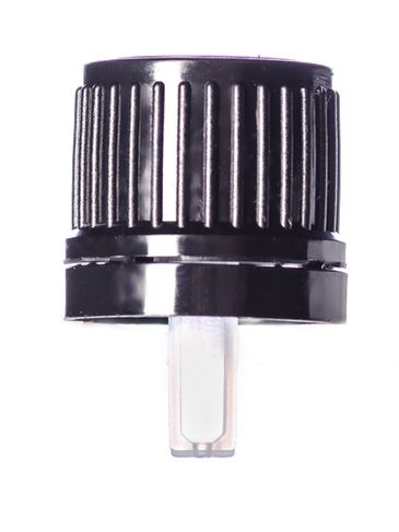 Black HDPE plastic 18 mm tamper-evident dropper cap with inverted dropper tip with (0.9 mm orifice)
