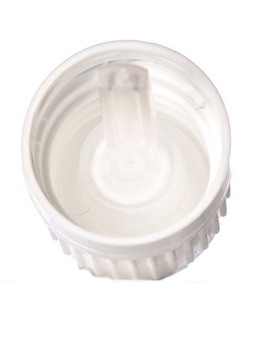 White PP plastic 18 mm tamper-evident dropper cap with inverted dropper tip with (0.9 mm orifice)