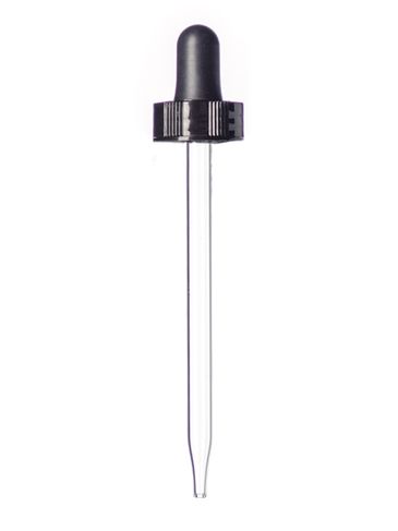 Black PP plastic 22-400 semi-ribbed skirt dropper assembly with rubber bulb and 108 mm straight tip glass pipette