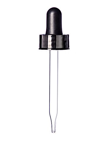 Black PP plastic 20-400 semi-ribbed skirt dropper assembly with rubber bulb and 75 mm straight tip glass pipette (fits 1 oz bottle)