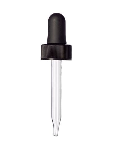 Black PP plastic 18-400 ribbed skirt dropper assembly with monprene bulb and glass pipette (fits 15 mL or 1/2 oz bottle)