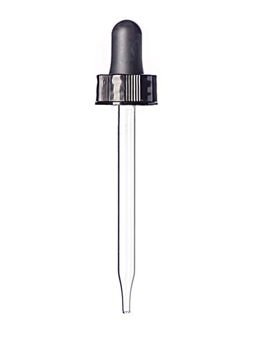 Black PP plastic 20-400 semi-ribbed skirt dropper assembly with rubber bulb and 89 mm glass pipette (fits 2 oz bottle)