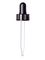 Black PP plastic 20-400 semi-ribbed skirt dropper assembly with rubber bulb and 76 mm glass pipette (fits 1 oz bottle)