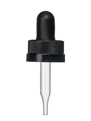 Black PP plastic 18-400 ribbed skirt child-resistant dropper assembly with rubber bulb and glass pipette (fits 5mL bottle)