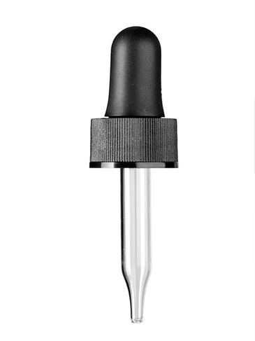 Black PP plastic 18-400 ribbed skirt dropper assembly with rubber bulb and 49 mm straight tip glass pipette