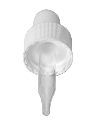 White PP plastic 18-400 ribbed skirt dropper assembly with rubber bulb and 49 mm straight tip glass pipette