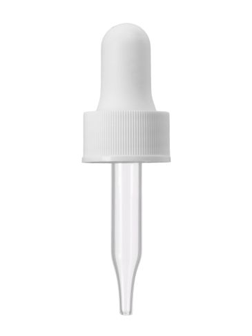 White PP plastic 18-400 ribbed skirt dropper assembly with rubber bulb and 49 mm straight tip glass pipette
