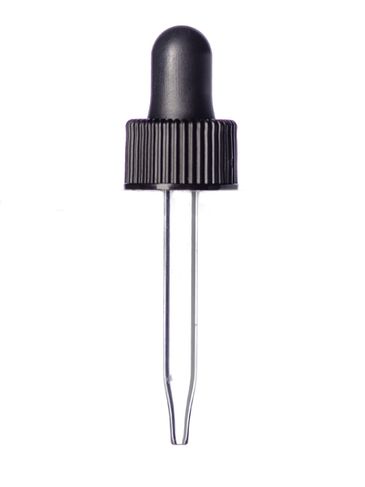 Black PP plastic 13-415 ribbed skirt dropper assembly with rubber bulb and 45 mm glass pipette (fits 1 dram bottle)