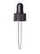 Black PP plastic 13-415 ribbed skirt dropper assembly with rubber bulb and 45 mm glass pipette (fits 1 dram bottle)
