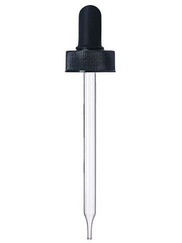 Black PP plastic 24-400  ribbed skirt dropper assembly with 1 cc monprene bulb and 108mm straight tip glass pipette (for 4 oz dropper bottles)