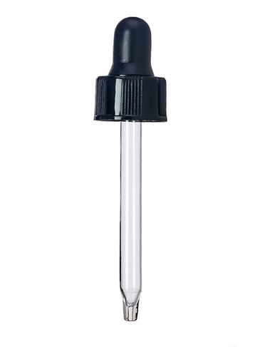 Black PP plastic 20-405 semi-ribbed skirt dropper assembly with rubber bulb and 76 mm glass pipette (fits 1 oz bottle)