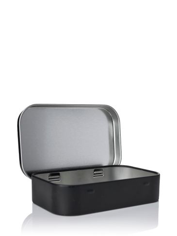 3.70 x 2.28 x 0.82 inch black tin-plated steel rectangular tin with hinged cover