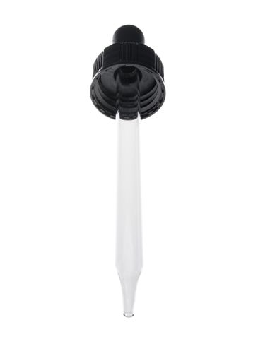 Black PP plastic 20-400 semi-ribbed skirt dropper assembly with rubber bulb and 91 mm glass pipette (fits 2 oz bottle)