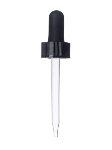 Black PP plastic 20-400 semi-ribbed skirt dropper assembly with 1 cc rubber bulb and 76 mm PP plastic graduated pipette (embossed graduated marks at .25, .5, .75, 1 mL)