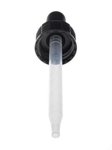 Black PP plastic 20-400 semi-ribbed skirt dropper assembly with 1 cc rubber bulb and 76 mm PP plastic graduated pipette (embossed graduated marks at .25, .5, .75, 1 mL)