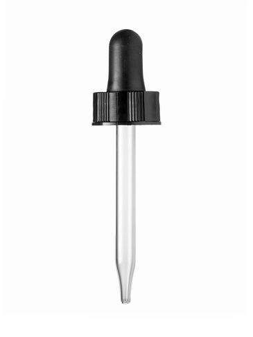 Black PP plastic 20-400 semi-ribbed skirt dropper assembly with monprene bulb and 75 mm straight tip glass pipette