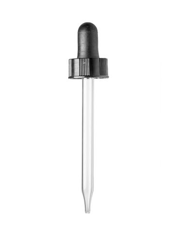 Black PP plastic 20-400 semi-ribbed skirt dropper assembly with black monprene bulb and 89 mm straight tip glass pipette