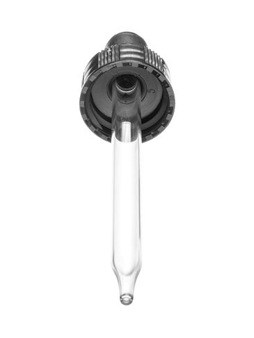 Black PP plastic 20-400 semi-ribbed skirt dropper assembly with black monprene bulb and 89 mm straight tip glass pipette