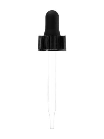 Black PP plastic 20-400 ribbed skirt dropper assembly with rubber bulb and 76 mm straight tip glass pipette