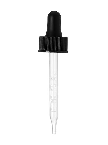 Black PP plastic 20-400 ribbed skirt dropper assembly with rubber bulb and 76 mm straight tip laser etched glass pipette (graduated marks at .25, .5, .75, 1 mL)