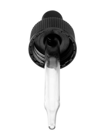 Black PP plastic 20-400 ribbed skirt dropper assembly with rubber bulb and 76 mm straight tip glass pipette