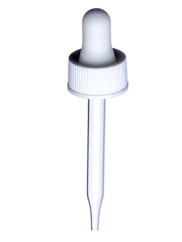 White PP plastic 20-400 ribbed skirt dropper assembly with rubber bulb and 76 mm straight tip glass pipette