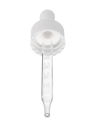 White PP plastic 20-400 ribbed skirt dropper assembly with rubber bulb and 76 mm straight tip laser etched glass pipette (graduated marks at .25, .5, .75, 1 mL)