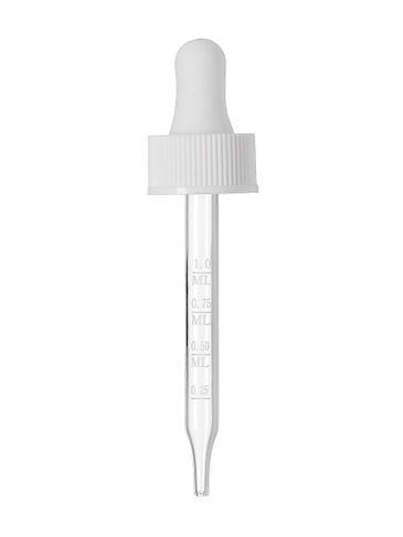 White PP plastic 20-400 ribbed skirt dropper assembly with rubber bulb and 76 mm straight tip laser etched glass pipette (graduated marks at .25, .5, .75, 1 mL)