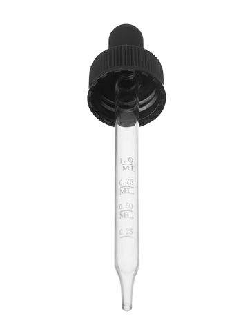 Black PP plastic 20-400 ribbed skirt dropper assembly with rubber bulb and 91 mm straight tip laser etched glass pipette (graduated marks at .25, .5, .75, 1 mL)