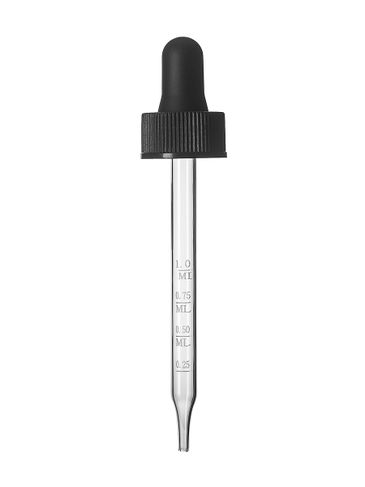 Black PP plastic 20-400 ribbed skirt dropper assembly with rubber bulb and 91 mm straight tip laser etched glass pipette (graduated marks at .25, .5, .75, 1 mL)