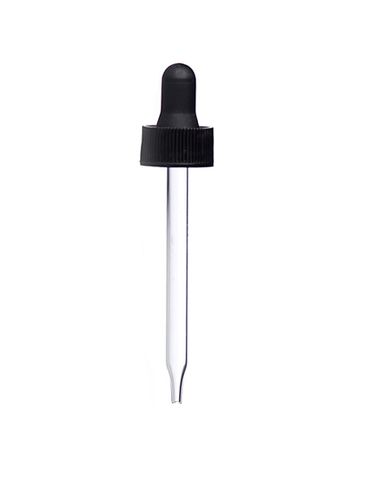 Black PP plastic 20-400 ribbed skirt dropper assembly with rubber bulb and 91 mm straight tip glass pipette