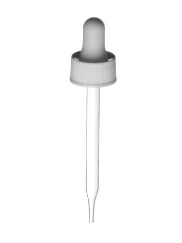 White PP plastic 20-400 ribbed skirt dropper assembly with rubber bulb and 91 mm straight tip glass pipette