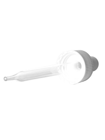 White PP plastic 20-400 ribbed skirt dropper assembly with rubber bulb and 91 mm straight tip glass pipette