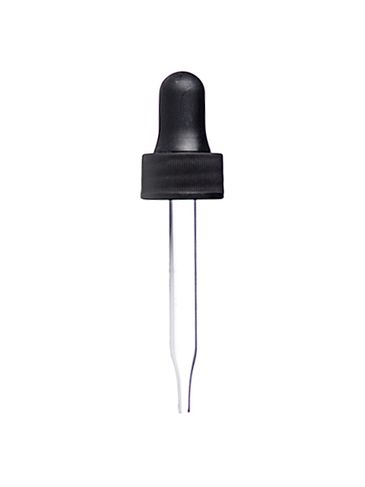 Black PP plastic 18-400 ribbed skirt dropper assembly with rubber bulb and 66 mm straight tip glass pipette