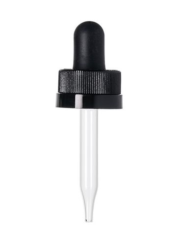 Black PP plastic 18-400 ribbed skirt child-resistant dropper assembly with rubber bulb and 55.5mm straight tip glass pipette