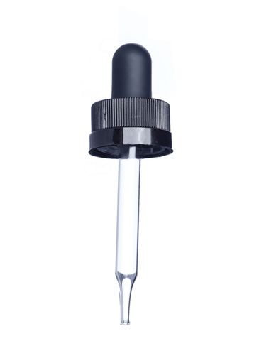 Black PP plastic 18-400 ribbed skirt child-resistant dropper assembly with rubber bulb and 66 mm straight tip glass pipette