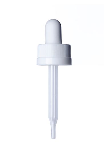 White PP plastic 18-400 ribbed skirt child-resistant dropper assembly with rubber bulb and 66 mm straight tip glass pipette